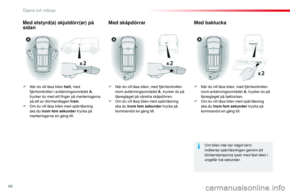 CITROEN JUMPER DISPATCH 2017  InstruktionsbÖcker (in Swedish) 66
Jumpy _sv_Chap02_ouvertures_ed01-2016
F När du vill låsa bilen helt, med 
fjärrkontrollen i avkänningsområdet A , 
trycker du med ett finger på markeringarna 
på ett av dörrhandtagen fram .