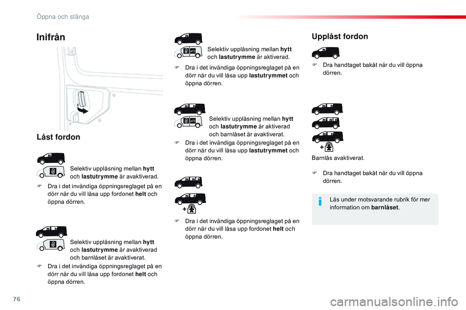 CITROEN JUMPER DISPATCH 2017  InstruktionsbÖcker (in Swedish) 76
Jumpy _sv_Chap02_ouvertures_ed01-2016
Läs under motsvarande rubrik för mer 
information om barnlåset.
Inifrån
Selektiv upplåsning mellan hytt  
och lastutrymme  är avaktiverad. F
 
D
 ra i de