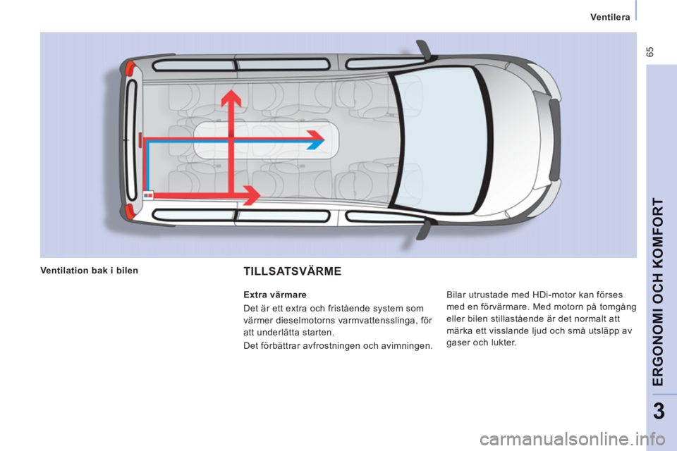 CITROEN JUMPER MULTISPACE 2013  InstruktionsbÖcker (in Swedish)  65
   
 Ventilera  
 
ERGONOMI OCH KOMFOR
T
3
TILLSATSVÄRME  
 
Bilar utrustade med HDi-motor kan förses 
med en förvärmare. Med motorn på tomgång 
eller bilen stillastående är det normalt at