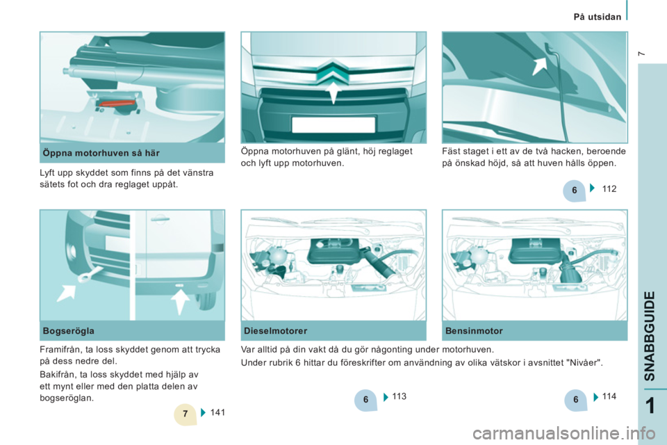 CITROEN JUMPER MULTISPACE 2012  InstruktionsbÖcker (in Swedish) 6
7
6
6
 7
På utsidan
SNABBGUIDE
1
   
 
Öppna motorhuven så här 
  11 3      
Dieselmotorer   
Bensinmotor 
  11 4  
 
  141      
Bogserögla   11 2     Öppna motorhuven på glänt, höj reglag