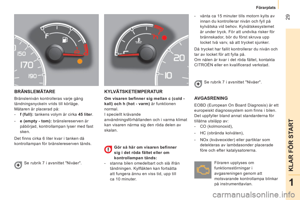 CITROEN NEMO 2013  InstruktionsbÖcker (in Swedish)  29
1
KLAR FÖR START
 
 
 
Förarplats  
 
 
BRÄNSLEMÄTARE 
 
Bränslenivån kontrolleras varje gång 
tändningsnyckeln vrids till körläge. 
  Mätaren är placerad på: 
   
 
-   f (full):  
t