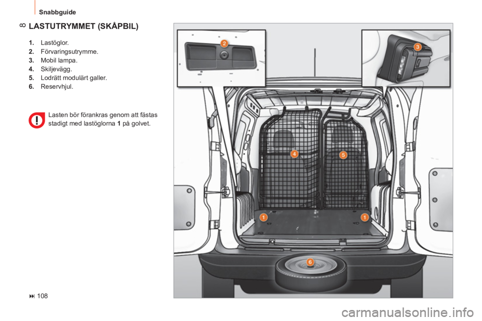 CITROEN NEMO 2013  InstruktionsbÖcker (in Swedish)  8
 
Snabbguide 
 
LASTUTRYMMET (SKÅPBIL) 
 
 
 
1. 
 Lastöglor. 
   
2. 
 Förvaringsutrymme. 
   
3. 
 Mobil lampa. 
   
4. 
 Skiljevägg. 
   
5. 
  Lodrätt modulärt galler. 
   
6. 
 Reservhju