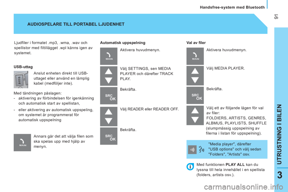 CITROEN NEMO 2013  InstruktionsbÖcker (in Swedish)  91
UTRUSTNING I BILEN
   
Handsfree-system med Bluetooth  
3
 
Ljudfiler i formatet .mp3, .wma, .wav och 
spellistor med filtillägget .wpl känns igen av 
systemet.     
Val av ﬁ ler 
 
AUDIOSPELA