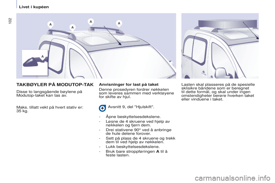 CITROEN BERLINGO MULTISPACE 2016  InstruksjonsbØker (in Norwegian) 102
Berlingo-2-VP_no_Chap04_Ergonomie_ed01-2016
TAKBØy LER   PÅ  M ODUTOP - TAK
Maks. tillatt vekt på hvert stativ er: 
35
  kg. Lasten skal plasseres på de spesielle 
sklisikre båndene som er be