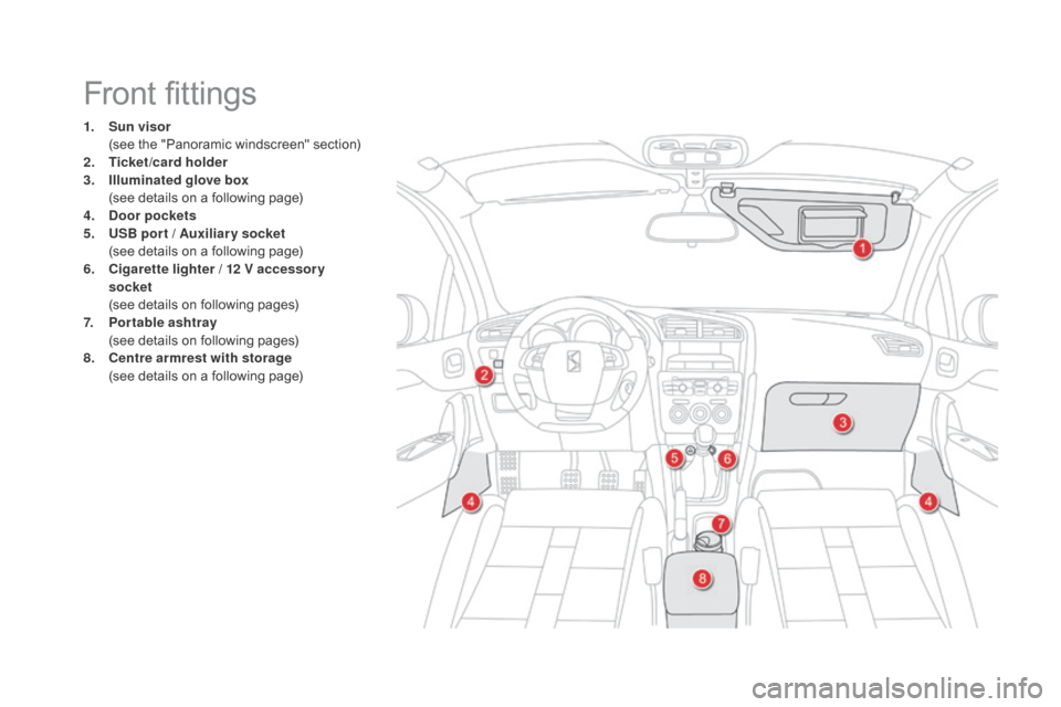 Citroen DS4 2016 1.G Owners Manual DS4_en_Chap04_amenagement_ed03-2015
Front fittings
1. Sun visor (
see the "Panoramic windscreen" section)
2.
T
icket/card holder
3.
I
lluminated glove box
(
see details on a following page)
4 Citroen DS4 2016 1.G Owners Manual DS4_en_Chap04_amenagement_ed03-2015
Front fittings
1. Sun visor (
see the "Panoramic windscreen" section)
2.
T
icket/card holder
3.
I
lluminated glove box
(
see details on a following page)
4
