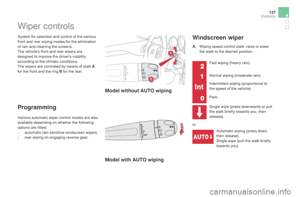 Citroen DS4 2016 1.G User Guide 137
DS4_en_Chap05_visibilite_ed03-2015
System for selection and control of the various
front and rear wiping modes for the elimination
of rain and cleaning the screens.
The vehicles front and rear Citroen DS4 2016 1.G User Guide 137
DS4_en_Chap05_visibilite_ed03-2015
System for selection and control of the various
front and rear wiping modes for the elimination
of rain and cleaning the screens.
The vehicles front and rear