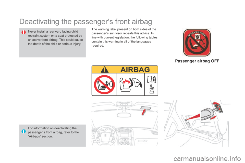 Citroen DS4 2016 1.G Owners Manual DS4_en_Chap06_securite enfants_ed03-2015
The warning label present on both sides of the 
passengers sun visor repeats this advice. In 
line with current legislation, the following tables 
contain thi