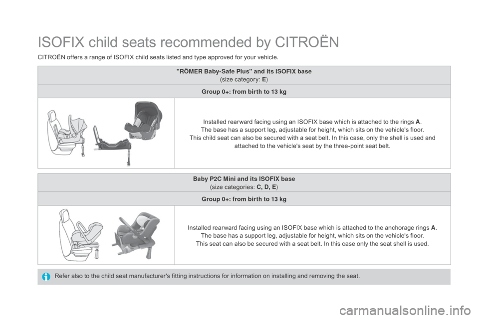 Citroen DS4 2016 1.G Owners Manual DS4_en_Chap06_securite enfants_ed03-2015
ISOFIX child seats recommended by CITROËN
Refer also to the child seat manufacturers fitting instructions for information on installing and removing the seat Citroen DS4 2016 1.G Owners Manual DS4_en_Chap06_securite enfants_ed03-2015
ISOFIX child seats recommended by CITROËN
Refer also to the child seat manufacturers fitting instructions for information on installing and removing the seat