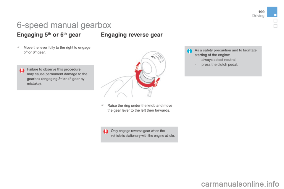Citroen DS4 2016 1.G User Guide 199
DS4_en_Chap08_conduite_ed03-2015
6-speed manual gearbox
F Raise the ring under the knob and move the gear lever to the left then for wards.
Engaging reverse gear
As a safety precaution and to faci