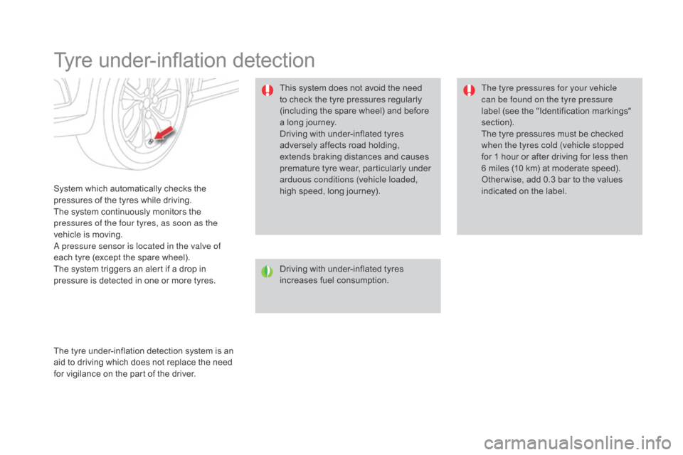 Citroen DS4 2016 1.G Owners Manual DS4_en_Chap08_conduite_ed03-2015
Tyre under-inflation detection
System which automatically checks the 
pressures of the tyres while driving.
The system continuously monitors the 
pressures of the four