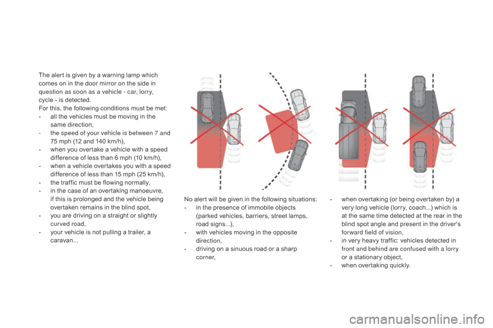 Citroen DS4 2016 1.G Owners Manual DS4_en_Chap08_conduite_ed03-2015
No alert will be given in the following situations:
- i n the presence of immobile objects 
(parked vehicles, barriers, street lamps, 
road signs...),
-
 
w
 ith vehic