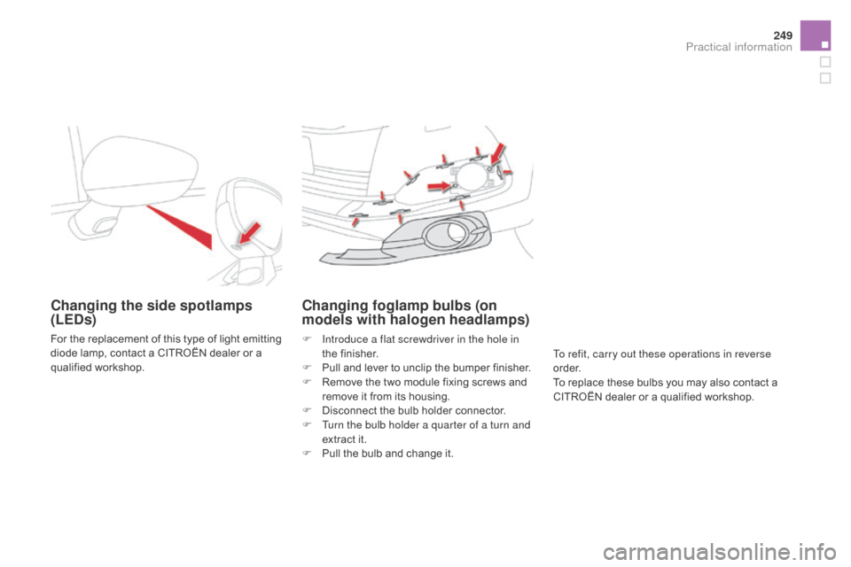 Citroen DS4 2016 1.G Owners Manual 249
DS4_en_Chap09_info-pratiques_ed03-2015
Changing the side spotlamps 
(LEd s)
For the replacement of this type of light emitting 
diode lamp, contact a CITROËN dealer or a 
qualified workshop.
Chan