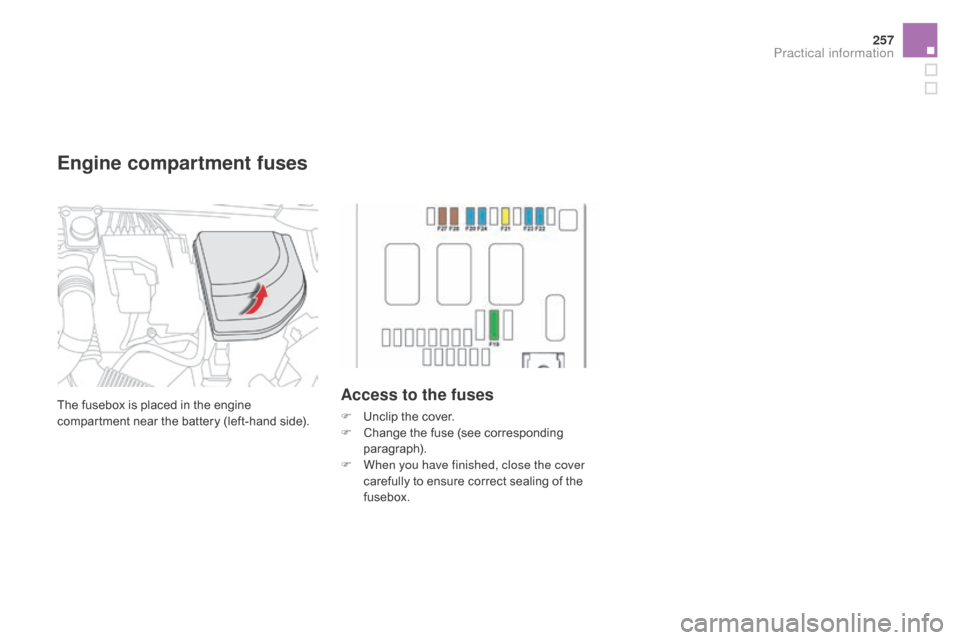 Citroen DS4 2016 1.G Owners Manual 257
DS4_en_Chap09_info-pratiques_ed03-2015
The fusebox is placed in the engine 
compartment near the battery (left-hand side).Access to the fuses
F Unclip the cover.
F C hange the fuse (see correspond