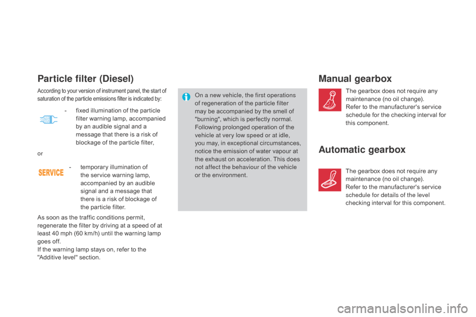 Citroen DS4 2016 1.G Owners Manual Particle filter (diesel)
On a new vehicle, the first operations 
of regeneration of the particle filter 
may be accompanied by the smell of 
"burning", which is per fectly normal.
Following prolonged 