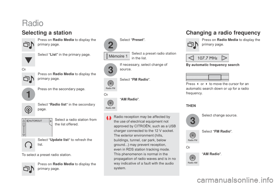 Citroen DS4 2016 1.G Owners Guide 2
3
3
1
DS4_en_Chap12c_SMEGplus_ed03-2015
Press on Radio Media to display the 
primary page.
Press on Radio Media  to display the 
primary page. Select "
Preset".
If necessary, select change of 
sourc
