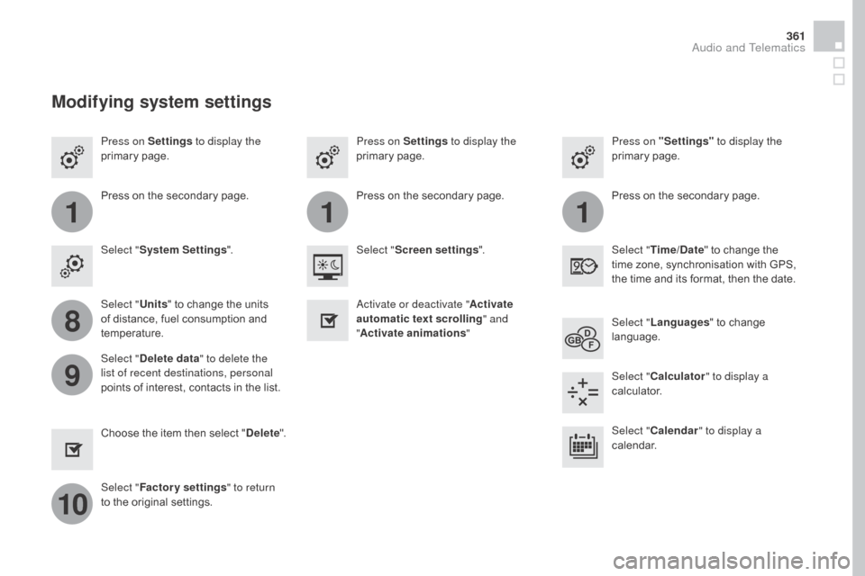 Citroen DS4 2016 1.G Service Manual 111
8
9
10
361
DS4_en_Chap12c_SMEGplus_ed03-2015
Press on Settings to display the 
primary page. Press on "Settings"
 to display the 
primary page.
Press on Settings
 to display the 
primary page.
Pre