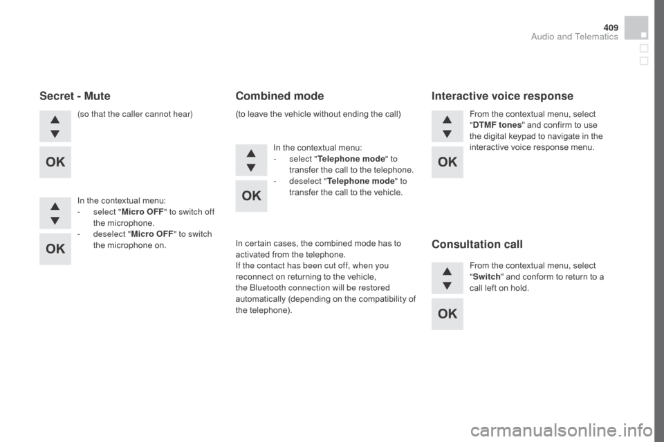 Citroen DS4 2016 1.G Service Manual 409
DS4_en_Chap12d_RD5_ed03-2015
(so that the caller cannot hear)
In the contextual menu:
- 
s
 elect " Micro OFF " to switch off 
the microphone.
-
 
d
 eselect " Micro OFF " to switch 
the microphon