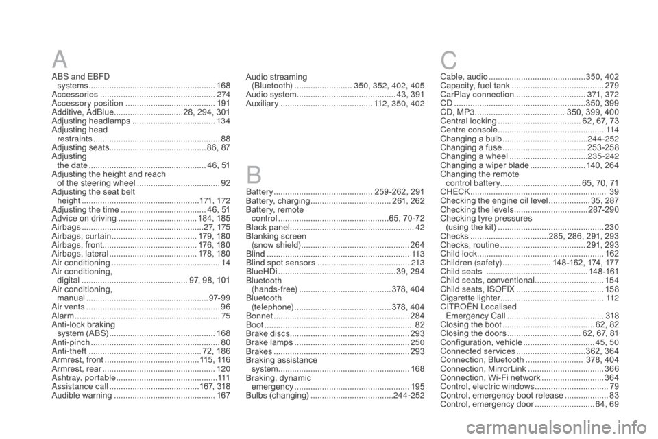 Citroen DS4 2016 1.G Owners Manual DS4_en_Chap13_index-alpha_ed03-2015
A
ABS and EBFD  systems  ....................................................... 16
8
Accessories
 ..............................

....................2 74
Accessor