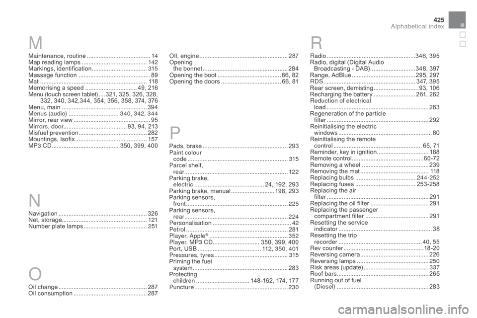 Citroen DS4 2016 1.G Owners Manual 425
DS4_en_Chap13_index-alpha_ed03-2015
Maintenance, routine ......................................14
M ap reading lamps  ....................................... 14
2
Markings, identification
 .......