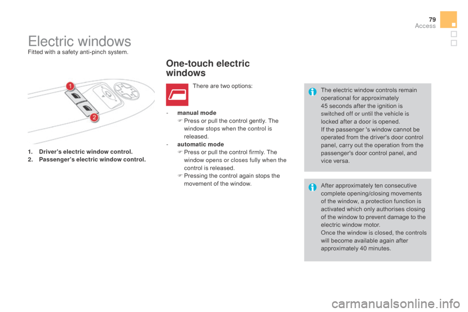 Citroen DS4 2016 1.G Owners Manual 79
DS4_en_Chap02_ouvertures_ed03-2015
1. drivers electric window control.
2. P
assengers electric window control. -
 
m
 anual mode
F  
P
 ress or pull the control gently. The 
window stops when the