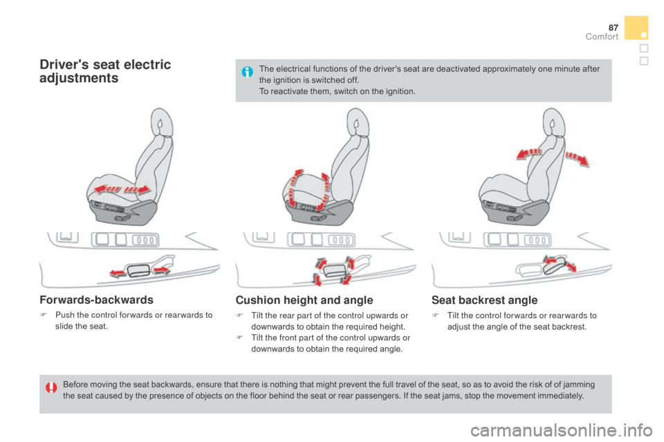 Citroen DS4 2016 1.G Owners Manual 87
DS4_en_Chap03_confort_ed03-2015
drivers seat electric 
adjustments
Forwards-backwards
F Push the control for wards or rear wards to slide the seat.
Cushion height and angle
F Tilt the rear part of
