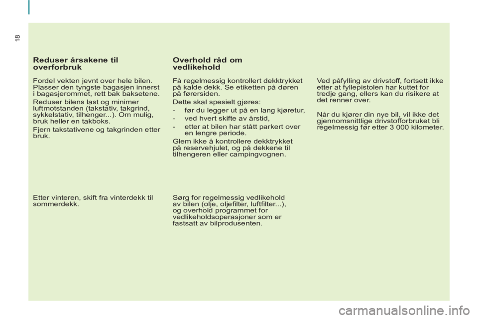 CITROEN BERLINGO MULTISPACE 2013 InstruksjonsbØker (in Norwegian) 18
Reduser årsakene til
overforbruk
Fordel vekten jevnt over hele bilen.
Plasser den tyngste bagasjen innerst
i bagasjerommet, rett bak baksetene.
Reduser bilens last og minimer
luftm CITROEN BERLINGO MULTISPACE 2013 InstruksjonsbØker (in Norwegian) 18
Reduser årsakene til
overforbruk
Fordel vekten jevnt over hele bilen.
Plasser den tyngste bagasjen innerst
i bagasjerommet, rett bak baksetene.
Reduser bilens last og minimer
luftm