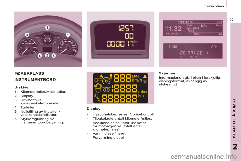 CITROEN BERLINGO MULTISPACE 2013 InstruksjonsbØker (in Norwegian) KLAR TIL
Å KJ
ØRE
22
Førerplass
INSTRUMENTBORD
Display
FØRERPLASS
Skjermer
Informasjonen gis i bilen i forskjellig
visningsformat, avhengig av
utstyrsnivå.
CITROEN BERLINGO MULTISPACE 2013 InstruksjonsbØker (in Norwegian) KLAR TIL
Å KJ
ØRE
22
Førerplass
INSTRUMENTBORD
Display
FØRERPLASS
Skjermer
Informasjonen gis i bilen i forskjellig
visningsformat, avhengig av
utstyrsnivå.
