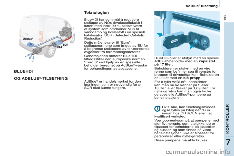 CITROEN BERLINGO ELECTRIC 2017  InstruksjonsbØker (in Norwegian) 133
Berlingo-2-VU_no_Chap07_Verification_ed01-2015Berlingo-2-VU_no_Chap07_Verification_ed01-2015
BLUEHDI
OG  A D B LUE
®-TILSETNING
T
 eknologienAdblue® er handelsmerket for den 
løsningen som er n