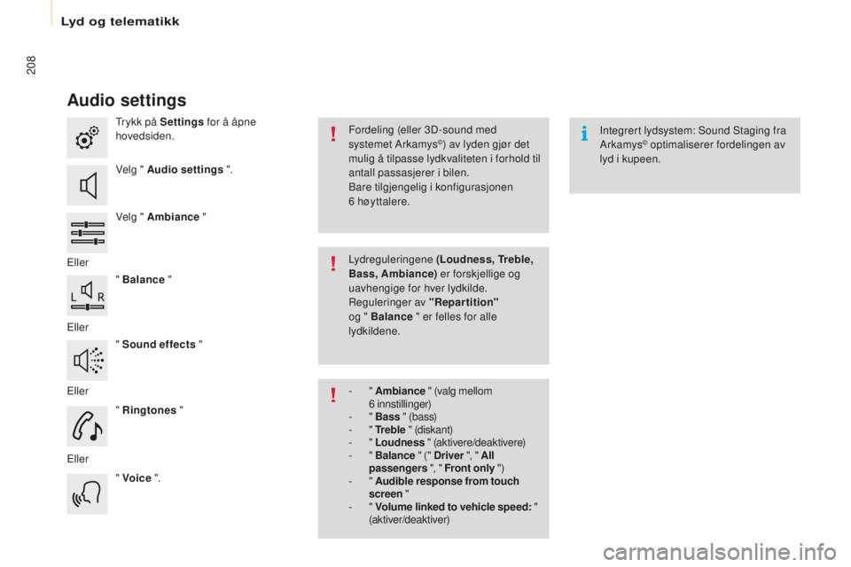 CITROEN BERLINGO ELECTRIC 2017 InstruksjonsbØker (in Norwegian) 208
berlingo-2-V u_no_Chap10a_ sMEGplus_ed01-2015
Audio settings
trykk på Settings for å åpne
hovedsiden.
Velg " Audio settings ".
Velg " Ambiance "
Eller " Balance "
E CITROEN BERLINGO ELECTRIC 2017 InstruksjonsbØker (in Norwegian) 208
berlingo-2-V u_no_Chap10a_ sMEGplus_ed01-2015
Audio settings
trykk på Settings for å åpne
hovedsiden.
Velg " Audio settings ".
Velg " Ambiance "
Eller " Balance "
E
