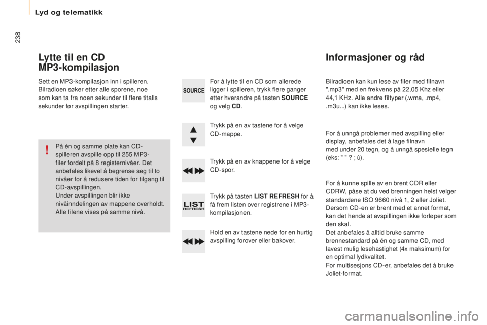 CITROEN BERLINGO ELECTRIC 2017 InstruksjonsbØker (in Norwegian) 238
berlingo-2-V u_no_Chap10b_ rD45_ed01-2015
bilradioen kan kun lese av filer med filnavn
".mp3" med en frekvens på 22,05
Khz eller
44,1
KHz. Alle andre filtyper (.wma, .mp4,
.m3u...) CITROEN BERLINGO ELECTRIC 2017 InstruksjonsbØker (in Norwegian) 238
berlingo-2-V u_no_Chap10b_ rD45_ed01-2015
bilradioen kan kun lese av filer med filnavn
".mp3" med en frekvens på 22,05
Khz eller
44,1
KHz. Alle andre filtyper (.wma, .mp4,
.m3u...)