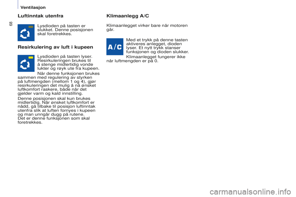 CITROEN BERLINGO ELECTRIC 2017  InstruksjonsbØker (in Norwegian) 68
Berlingo-2-VU_no_Chap04_Ergonomie_ed01-2015Berlingo-2-VU_no_Chap04_Ergonomie_ed01-2015
Luftinntak utenfra
Resirkulering av luft i kupeenKlimaanlegg A/C
Lysdioden på tasten er 
slukket. Denne posis