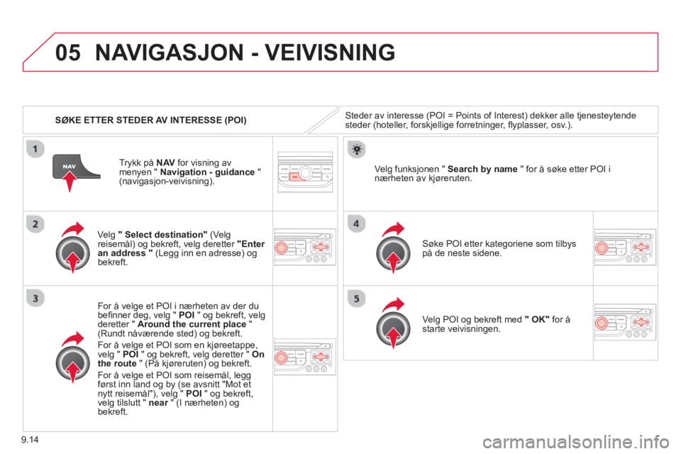 CITROEN BERLINGO ELECTRIC 2015 InstruksjonsbØker (in Norwegian) 9.14
05
SØKE ETTER STEDER AV INTERESSE (POI)
NAVIGASJON - VEIVISNING
Steder av interesse (POI = Points of Interest) dekker alle tjenesteytende
steder (hoteller, forskjellige forretninger, fl CITROEN BERLINGO ELECTRIC 2015 InstruksjonsbØker (in Norwegian) 9.14
05
SØKE ETTER STEDER AV INTERESSE (POI)
NAVIGASJON - VEIVISNING
Steder av interesse (POI = Points of Interest) dekker alle tjenesteytende
steder (hoteller, forskjellige forretninger, fl