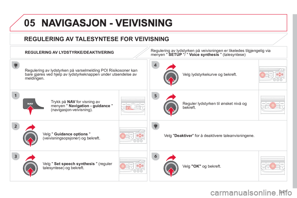 CITROEN BERLINGO ELECTRIC 2015  InstruksjonsbØker (in Norwegian) 9.21
05
Trykk på  NAV 
 for visning av
menyen " Navigation - guidance 
 " (navigasjon-veivisning).  
 
 
 
 
 
 
REGULERING AV TALESYNTESE FOR VEIVISNING
Ve lg " Guidance options"(veivisningsopsjoner