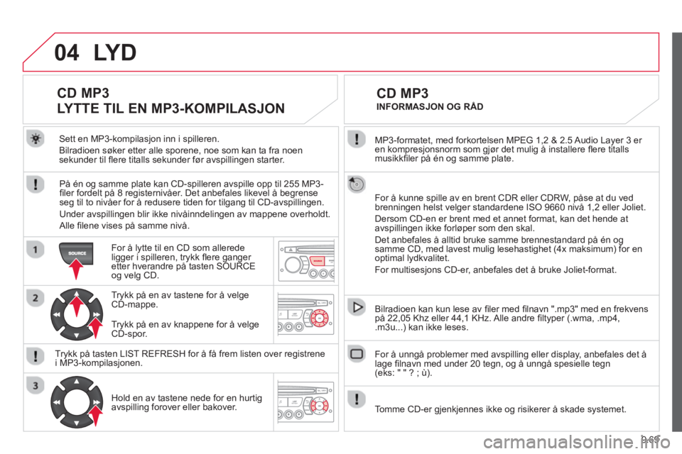 CITROEN BERLINGO ELECTRIC 2015 InstruksjonsbØker (in Norwegian) 9.69
04
MP3-formatet, med forkortelsen MPEG 1,2 & 2.5 Audio Layer 3 er en kompresjonsnorm som gjør det mulig å installere fl ere titallsmusikkfi ler på én og samme plate.
For å kunne spille CITROEN BERLINGO ELECTRIC 2015 InstruksjonsbØker (in Norwegian) 9.69
04
MP3-formatet, med forkortelsen MPEG 1,2 & 2.5 Audio Layer 3 er en kompresjonsnorm som gjør det mulig å installere fl ere titallsmusikkfi ler på én og samme plate.
For å kunne spille