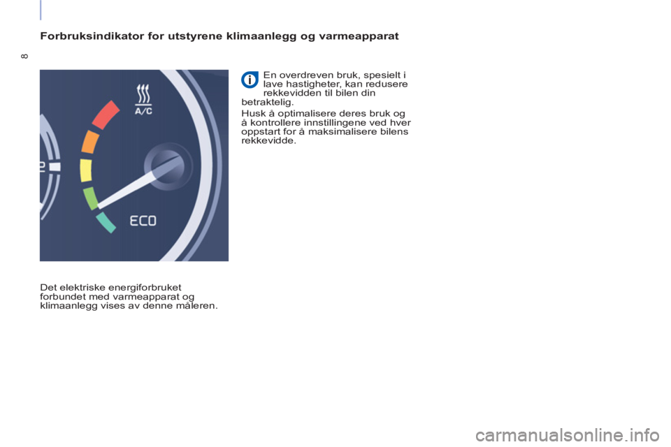 CITROEN BERLINGO ELECTRIC 2015 InstruksjonsbØker (in Norwegian) 8
Forbruksindikator for utstyrene klimaanlegg og varmeapparat
Det elektriske energiforbruket
forbundet med varmeapparat og
klimaanlegg vises av denne måleren. En overdreven bruk, spesielt CITROEN BERLINGO ELECTRIC 2015 InstruksjonsbØker (in Norwegian) 8
Forbruksindikator for utstyrene klimaanlegg og varmeapparat
Det elektriske energiforbruket
forbundet med varmeapparat og
klimaanlegg vises av denne måleren. En overdreven bruk, spesielt