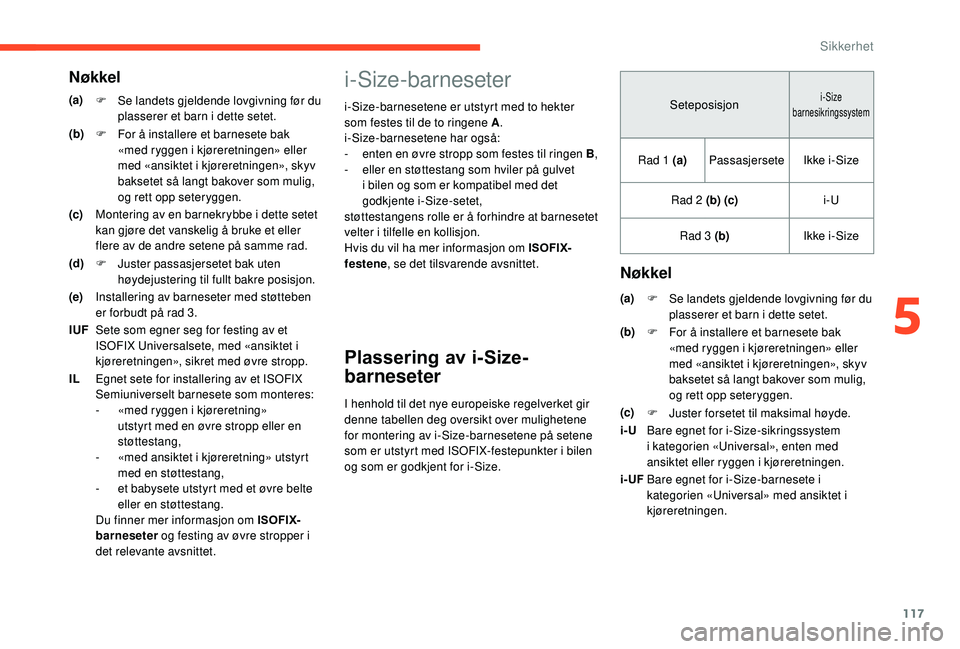 CITROEN BERLINGO VAN 2019  InstruksjonsbØker (in Norwegian) 117
i-Size-barneseter
i-Size-barnesetene er utstyrt med to hekter 
som festes til de to ringene A.
i-Size-barnesetene har også:
-
 
e
 nten en øvre stropp som festes til ringen   B,
-
 
e
 ller en s