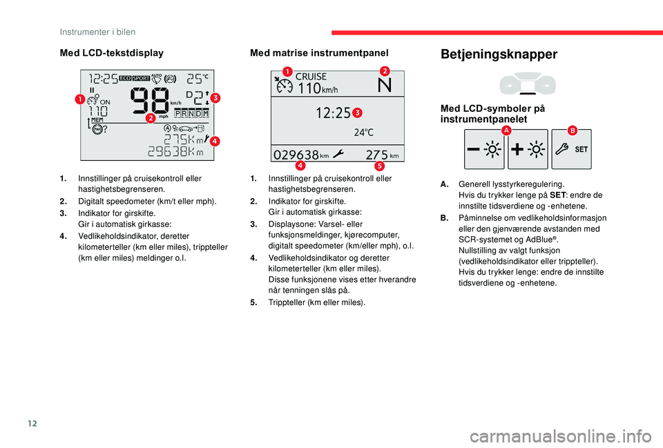 CITROEN BERLINGO VAN 2019 InstruksjonsbØker (in Norwegian) 12
Med LCD-tekstdisplay
1.Innstillinger på cruisekontroll eller
hastighetsbegrenseren.
2. Digitalt speedometer (km/t eller mph).
3. Indikator for girskifte.
Gir i automatisk girkasse:
4. Vedlikehold CITROEN BERLINGO VAN 2019 InstruksjonsbØker (in Norwegian) 12
Med LCD-tekstdisplay
1.Innstillinger på cruisekontroll eller
hastighetsbegrenseren.
2. Digitalt speedometer (km/t eller mph).
3. Indikator for girskifte.
Gir i automatisk girkasse:
4. Vedlikehold