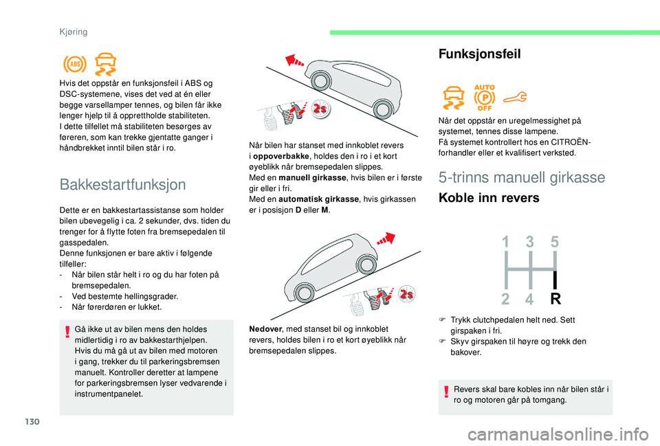 CITROEN BERLINGO VAN 2019 InstruksjonsbØker (in Norwegian) 130
Bakkestartfunksjon
Dette er en bakkestartassistanse som holder
bilen ubevegelig i ca. 2 sekunder, dvs. tiden du
trenger for å flytte foten fra bremsepedalen til
gasspedalen.
Denne funksjonen CITROEN BERLINGO VAN 2019 InstruksjonsbØker (in Norwegian) 130
Bakkestartfunksjon
Dette er en bakkestartassistanse som holder
bilen ubevegelig i ca. 2 sekunder, dvs. tiden du
trenger for å flytte foten fra bremsepedalen til
gasspedalen.
Denne funksjonen