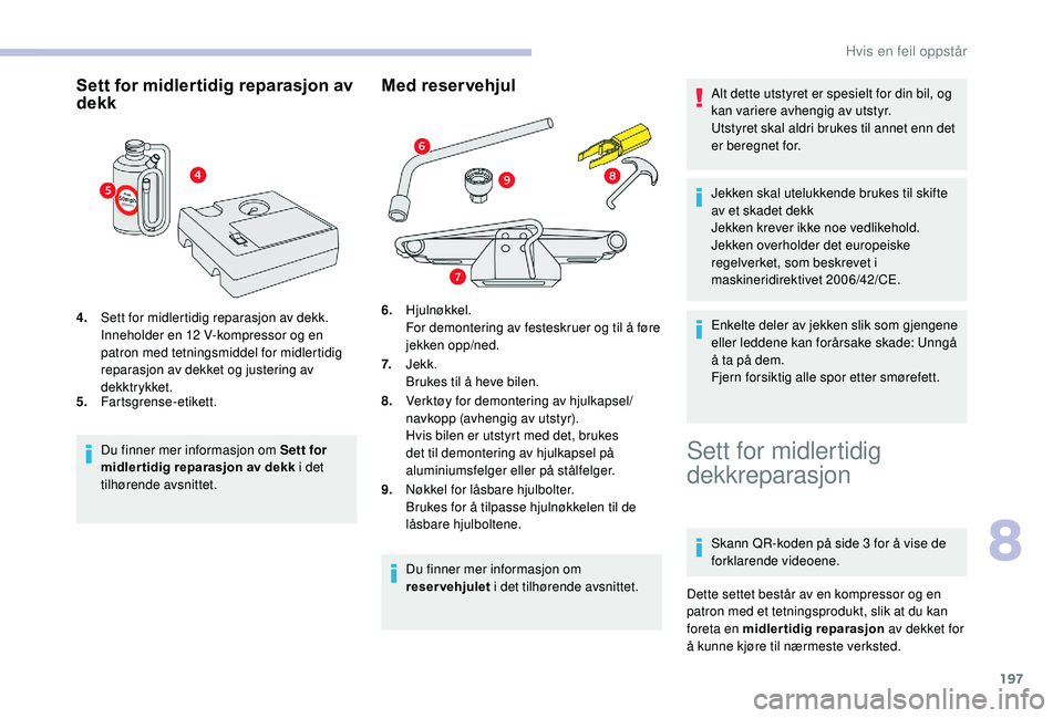 CITROEN BERLINGO VAN 2019  InstruksjonsbØker (in Norwegian) 197
Sett for midlertidig reparasjon av 
dekk
4.Sett for midlertidig reparasjon av dekk.
Inneholder en 12
  V-kompressor og en 
patron med tetningsmiddel for midlertidig 
reparasjon av dekket og juster