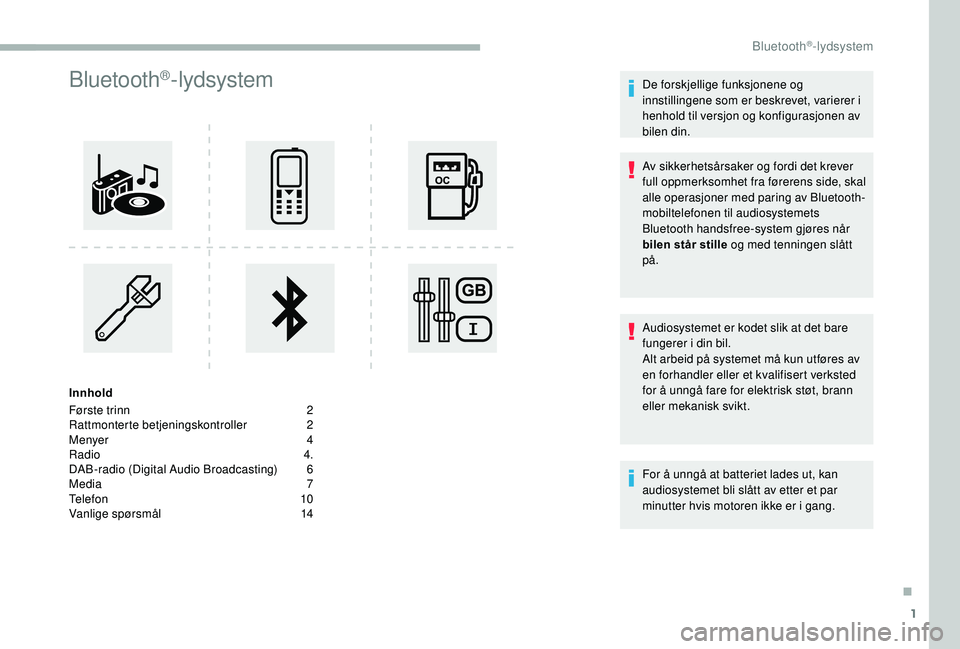 CITROEN BERLINGO VAN 2019  InstruksjonsbØker (in Norwegian) 1
Bluetooth®-lydsystem
Innhold
Første trinn 
2
Ra

ttmonterte betjeningskontroller
 2
M

enyer  
4
R

adio   4.
DAB-radio (Digital Audio Broadcasting)
 6
M

edia   7
Telefon
 

10
Vanlige spørsmål