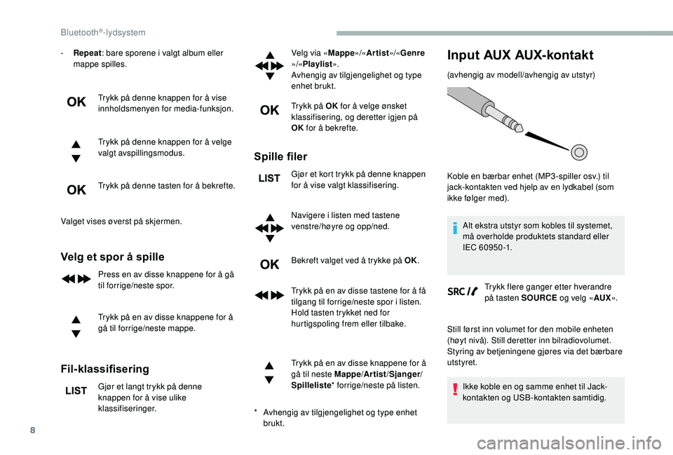 CITROEN BERLINGO VAN 2019 InstruksjonsbØker (in Norwegian) 8
- Repeat: bare sporene i valgt album eller
mappe spilles.
Trykk på denne knappen for å vise
innholdsmenyen for media-funksjon.
Trykk på denne knappen for å velge
valgt avspillingsmodus.
Trykk CITROEN BERLINGO VAN 2019 InstruksjonsbØker (in Norwegian) 8
- Repeat: bare sporene i valgt album eller
mappe spilles.
Trykk på denne knappen for å vise
innholdsmenyen for media-funksjon.
Trykk på denne knappen for å velge
valgt avspillingsmodus.
Trykk