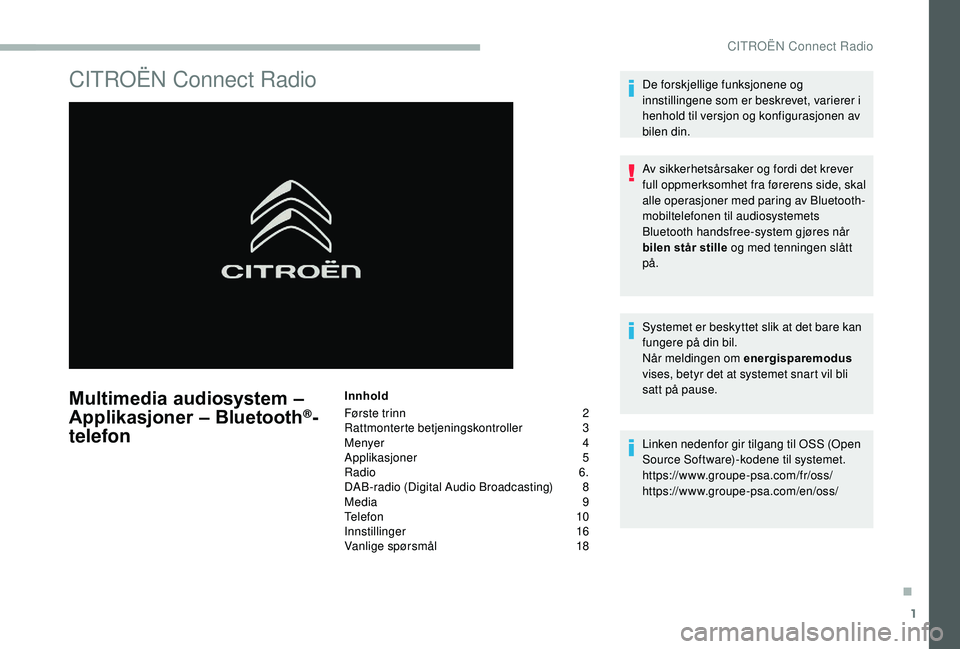 CITROEN BERLINGO VAN 2019 InstruksjonsbØker (in Norwegian) 1
CITROËN Connect Radio
Multimedia audiosystem –
Applikasjoner – Bluetooth®-
telefon
Innhold
Første trinn
2
Ra
ttmonterte betjeningskontroller
3
M
enyer
4
A
pplikasjoner
5
Ra
dio
6. CITROEN BERLINGO VAN 2019 InstruksjonsbØker (in Norwegian) 1
CITROËN Connect Radio
Multimedia audiosystem –
Applikasjoner – Bluetooth®-
telefon
Innhold
Første trinn
2
Ra
ttmonterte betjeningskontroller
3
M
enyer
4
A
pplikasjoner
5
Ra
dio
6.