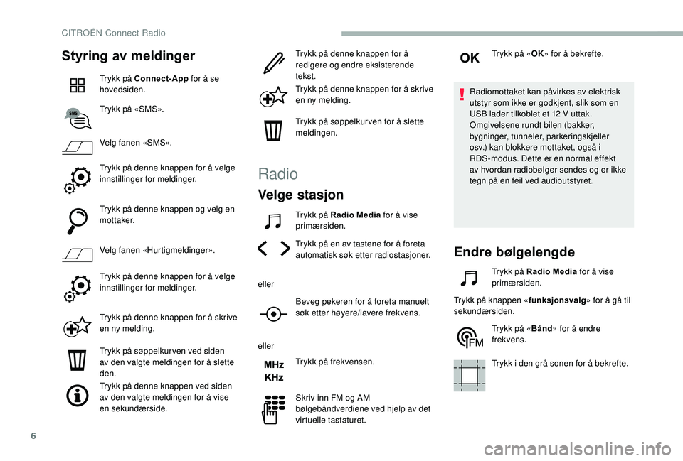 CITROEN BERLINGO VAN 2019  InstruksjonsbØker (in Norwegian) 6
Styring av meldinger
Trykk på Connect-App for å se 
hovedsiden.
Trykk på «SMS».
Velg fanen «SMS».
Trykk på denne knappen for å velge 
innstillinger for meldinger.
Trykk på denne knappen og