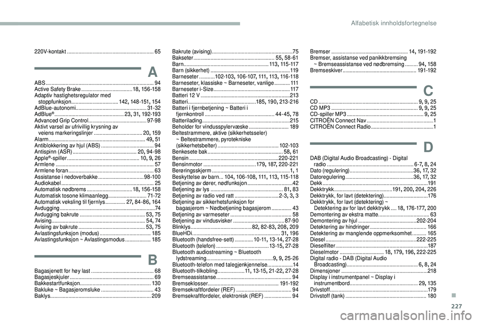 CITROEN BERLINGO VAN 2019 InstruksjonsbØker (in Norwegian) 227
220V-kontakt .............................................................65
AABS ........................................................................\
.... 94
Active Safety Brake .......... CITROEN BERLINGO VAN 2019 InstruksjonsbØker (in Norwegian) 227
220V-kontakt .............................................................65
AABS ........................................................................\
.... 94
Active Safety Brake ..........