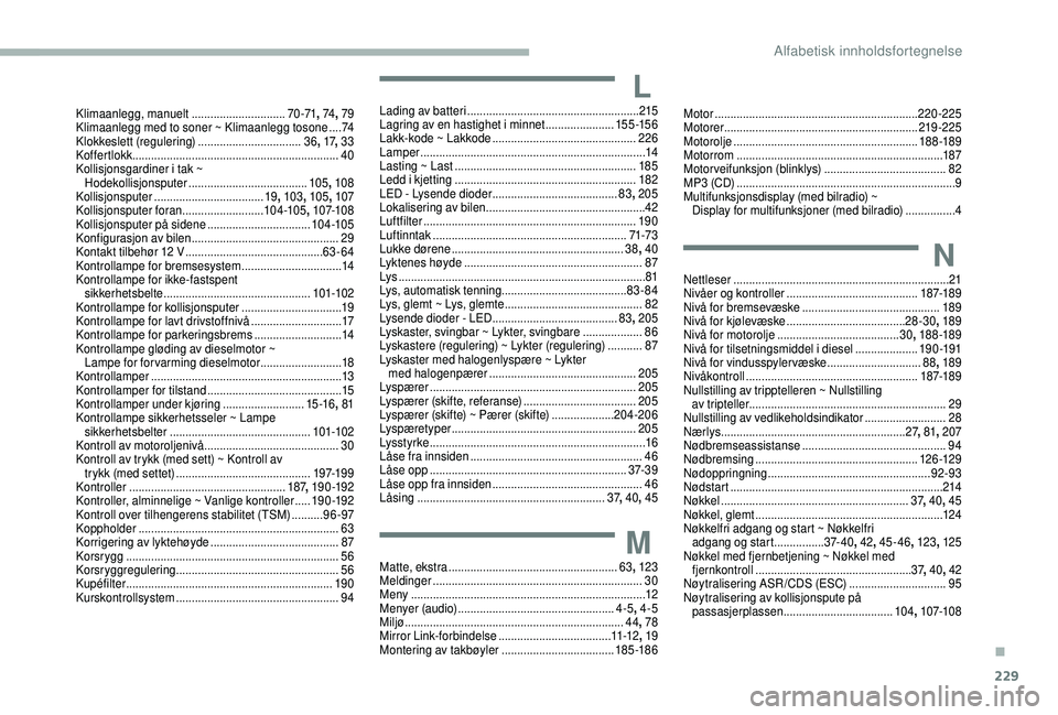 CITROEN BERLINGO VAN 2019 InstruksjonsbØker (in Norwegian) 229
Klimaanlegg, manuelt ..............................70-71, 74, 79
K limaanlegg med to soner ~ Klimaanlegg tosone ....74
Klokkeslett (regulering)
.................................36,
17,
CITROEN BERLINGO VAN 2019 InstruksjonsbØker (in Norwegian) 229
Klimaanlegg, manuelt ..............................70-71, 74, 79
K limaanlegg med to soner ~ Klimaanlegg tosone ....74
Klokkeslett (regulering)
.................................36,
17,