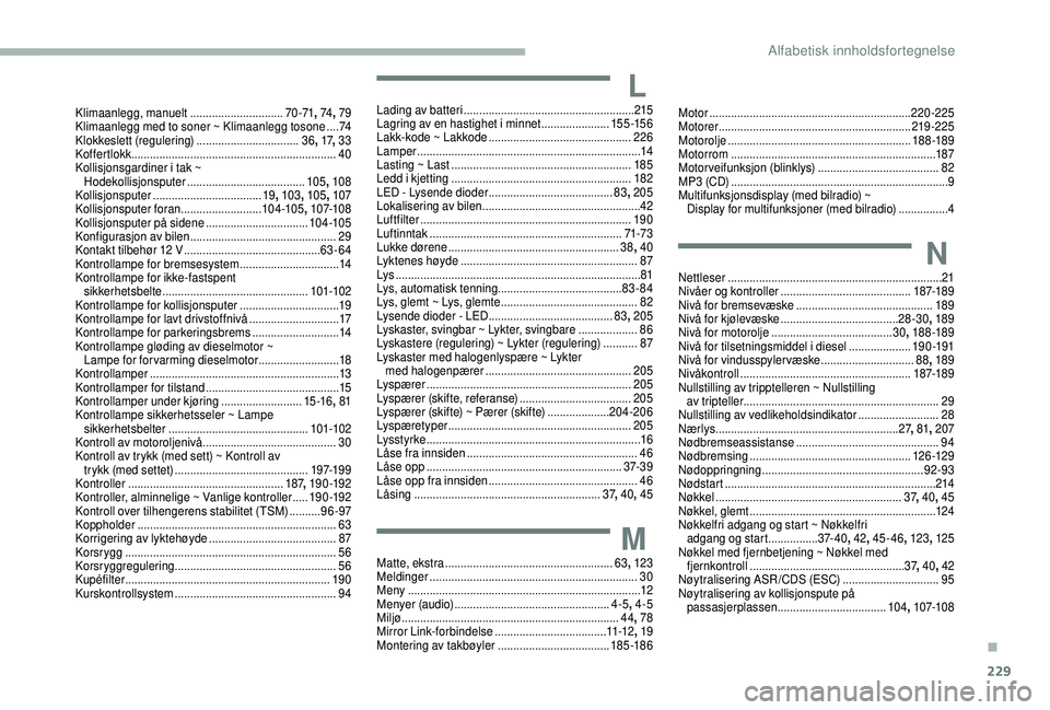 CITROEN BERLINGO VAN 2019  InstruksjonsbØker (in Norwegian) 229
Klimaanlegg, manuelt ..............................70-71,  74,  79
K limaanlegg med to soner ~ Klimaanlegg tosone   ....74
Klokkeslett (regulering)
 

.................................36,
 
17,

 