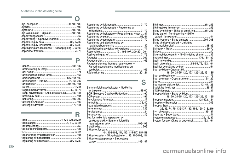 CITROEN BERLINGO VAN 2019  InstruksjonsbØker (in Norwegian) 230
OOlje, peilepinne ........................................... 30,  18 8 -189
Oljefilter  .................................................................... 19 0
Oljeforbruk
 

..................