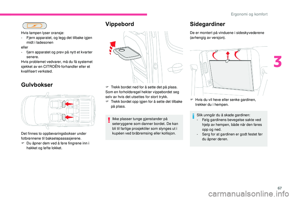 CITROEN BERLINGO VAN 2019 InstruksjonsbØker (in Norwegian) 67
Gulvbokser
Hvis lampen lyser oransje:
- F jern apparatet, og legg det tilbake igjen
midt i ladesonen
eller
-
f
jern apparatet og prøv på nytt et kvarter
senere.
Hvis problemet vedvarer, må CITROEN BERLINGO VAN 2019 InstruksjonsbØker (in Norwegian) 67
Gulvbokser
Hvis lampen lyser oransje:
- F jern apparatet, og legg det tilbake igjen
midt i ladesonen
eller
-
f
jern apparatet og prøv på nytt et kvarter
senere.
Hvis problemet vedvarer, må