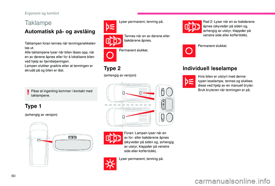 CITROEN BERLINGO VAN 2019 InstruksjonsbØker (in Norwegian) 80
Taklampe
Automatisk på- og avslåingIndividuell leselampe
Hvis bilen er utstyrt med denne
typen leselampe, tennes og slukkes
disse ved hjelp av en manuell bryter.
Bruk bryteren når tenningen er CITROEN BERLINGO VAN 2019 InstruksjonsbØker (in Norwegian) 80
Taklampe
Automatisk på- og avslåingIndividuell leselampe
Hvis bilen er utstyrt med denne
typen leselampe, tennes og slukkes
disse ved hjelp av en manuell bryter.
Bruk bryteren når tenningen er