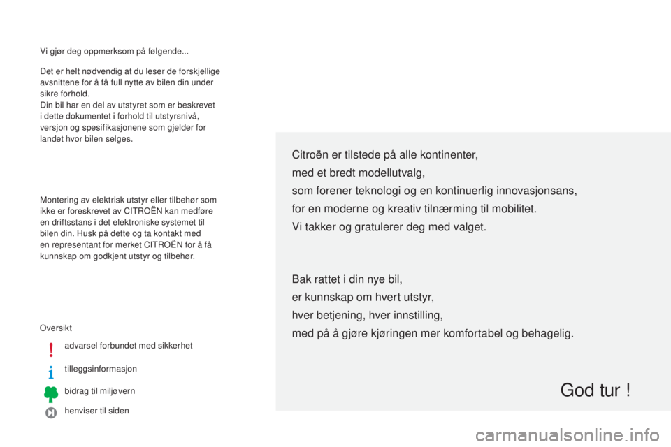 CITROEN C-ZERO 2016  InstruksjonsbØker (in Norwegian) Vi gjør deg oppmerksom på følgende...
ove
rsiktadvarsel forbundet med sikkerhet
tilleggsinformasjon
bidrag til miljøvern
henviser til siden
Det er helt nødvendig at du leser de forskjellige 
avsn